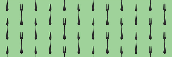 pattern. Fork top view on yellow green background. Template for applying to surface. Banner for insertion into site. Flat lay. Horizontal image. 3D image. 3D rendering.