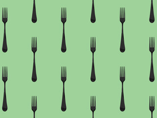 pattern. Fork top view on yellow green background. Template for applying to surface. Horizontal image. Flat lay. 3D image. 3D rendering.