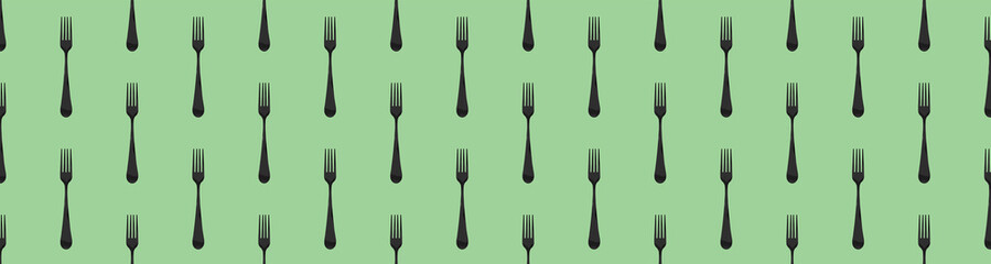pattern. Fork top view on yellow green background. Template for applying to surface. Banner for insertion into site. Flat lay. Horizontal image. 3D image. 3D rendering.