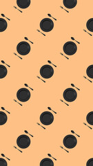 seamless pattern. kitchen utensils on a pastel red orang background. fork, spoon, plate. Template for surface application. Flat lay. Vertical image. 3D image. 3D rendering.