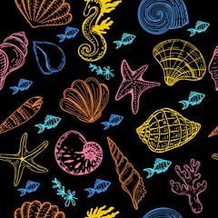 Seamless background with sea creatures, hand-drawn in sketch style. Shells, seaweed and small fish. Ocean. Sea bottom on black background. Pastel palette. Summer sea background.