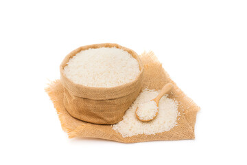 top view of rice flour wheat in a bag and ears of rice isolated on a white background