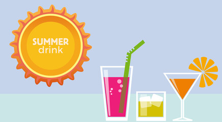 Summer drink , bottle cap and sun on vector scratched background. Element for advertising, party and beverage.