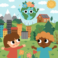 Obraz na płótnie Canvas Vector eco city scene with cute kids. Ecological town landscape with alternative energy concept. Green city illustration with buildings, children, plants. Earth day or nature protection picture.