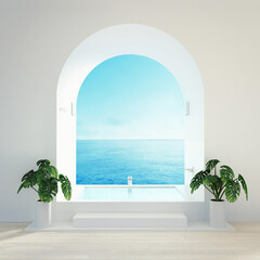 Beach sea view bathroom - Luxury and modern hotel - 3D rendering