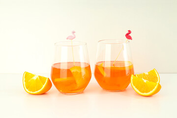 Concept of summer alcohol drink, Aperol Spritz on white table