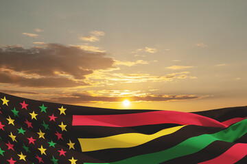 Alternative Juneteenth Flag with sunrise or sunset. Since 1865. Design of Banner with place for text. 3d-rendering.