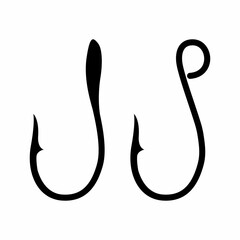 Silhouette of a fishing hook for the design of layouts with the theme of fishing tackle and equipment for fishing. A sharp hook for stringing bait when catching fish. Figured element of equipment.
