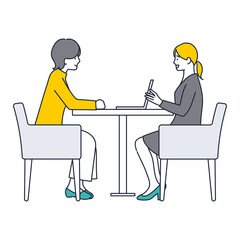 パソコンの画面を見せて説明する女のイラスト素材｜mayucolor08