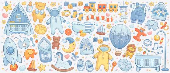 Hand drawn baby boy shower set. Vector illustration of cartoon toys, clothes and flowers isolated on white background
