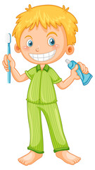 Boy in pyjamas holding toothbrush and toothpaste