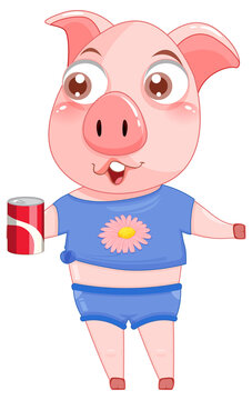 Cute pig cartoon character holding soda can