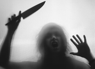 Woman killer with a knife in her hand. Creepy background