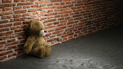 Teddy Bear sitting near old textured brick wall background. 3d rendering