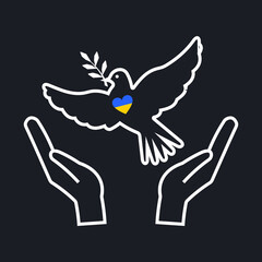 The dove of peace is in the hands of people who are defending their native country from the aggressor. The Peace to Ukraine poster is drawn with a white outline on a black background. vector