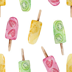 Seamless summer pattern of watercolor popsicles.