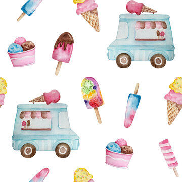 Seamless summer pattern of watercolor ice creams and shop bus..