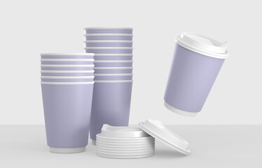 Stacks purple paper coffee cups and white plastic lids, packaging mockup. Blank to go beverage mug pile for take away hot drinks, disposable tea cups isolated on studio background. Realistic 3d render