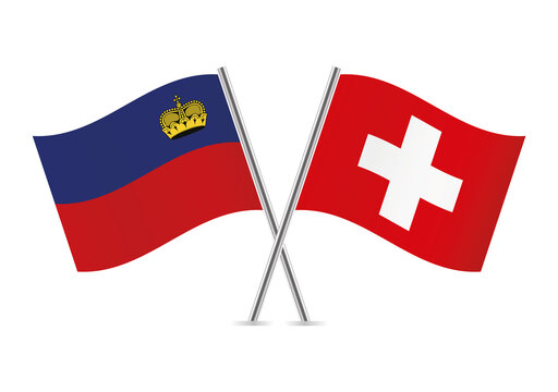 Liechtenstein and Switzerland crossed flags. Principality of Liechtenstein and Swiss flags on white background. Vector icon set. Vector illustration. 