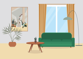 Cozy living room interior with sofa, window and potted plants. Flat style vector illustration.