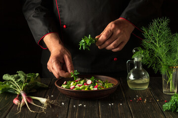 The chef prepares a salad of fresh vegetables. The idea of a diet breakfast or dinner. Vegetarian cuisine