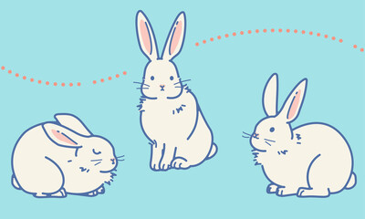 座っているかわいいウサギのイラスト（セット_ブルー）