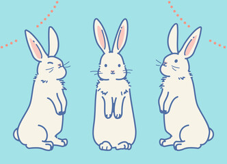 後ろ足で立つかわいいウサギのイラスト（セット_ブルー）