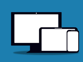 Smartphone, tablet, laptop and desktop. Computer Mockup design with background. Vector illustration