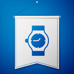 Blue Wrist watch icon isolated on blue background. Wristwatch icon. White pennant template. Vector