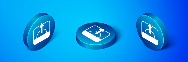 Isometric Sunrise icon isolated on blue background. Blue circle button. Vector