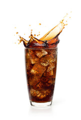 Glass of cool cola with splash  isolated on white background.