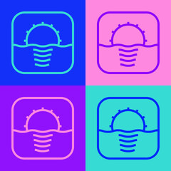 Pop art line Sunrise icon isolated on color background. Vector