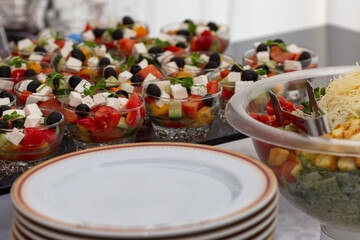 Portioned salads and empty plates on the buffet table. Beautiful serving. Close-up.