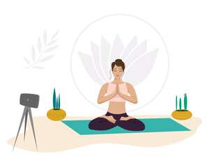A girl yoga instructor online is sitting in a lotus position. Healthy lifestyle. Vector hand-drawn illustration