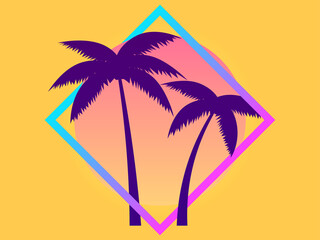 80s palm trees at sunset. Summer time. Retro futuristic sun. Synthwave and retrowave style. Design for advertising brochures, banners and posters. Vector illustration