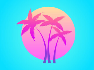 Fototapeta na wymiar Two palm trees on a sunset 80s retro sci-fi style. Summer time. Futuristic gradient palm trees and sun. Design for advertising brochures, banners, posters, travel agencies. Vector illustration