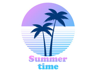 Palm trees and retro sun in 80s style isolated on white background. Summer time. Tropical banner with palm trees for print advertising banners and posters. Vector illustration