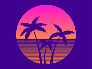 Obraz premium Palm trees at sunset in the style of the 80s. Retro futuristic sun with palm trees in synthwave style. Brochure, banner and poster design. Vector illustration