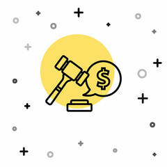 Black line Auction hammer price icon isolated on white background. Gavel - hammer of judge or auctioneer. Bidding process, deal done. Auction bidding. Random dynamic shapes. Vector