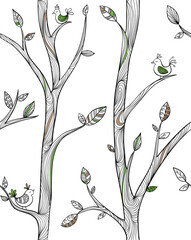 Tree branch with leaf and birds, vector seamless pattern. White background with black line drawing for background - 511449121