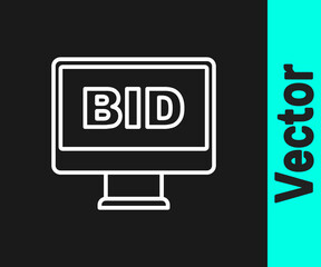 White line Online auction icon isolated on black background. Bid sign. Auction bidding. Sale and buyers. Vector