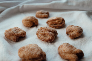 Bakery products. Homemade cookies with sugar on a towel background. Background image, copy space.