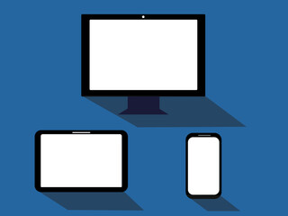 Smartphone, tablet, laptop and desktop. Computer Mockup design with background. Vector illustration