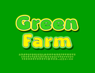 Vector creative Emblem Green Farm. Bright stylish Font. Artistic Alphabet Letters and Numbers