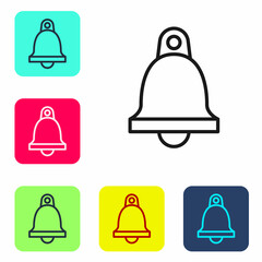 Black line Church bell icon isolated on white background. Alarm symbol, service bell, handbell sign, notification symbol. Set icons in color square buttons. Vector