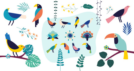 Oiseaux, feuilles et fleurs tropicales, de la jungle. Thème tropical avec illustrations vectorielles et abstraites. Oiseaux et plantes exotiques isolés sur fond blanc.