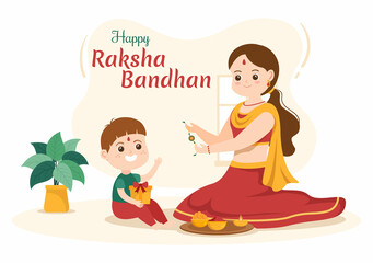 Happy Raksha Bandhan Cartoon Illustration with Sister Tying Rakhi on Her Brothers Wrist to Signify Bond of Love in Indian Festival Celebration