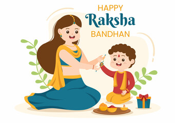 Happy Raksha Bandhan Cartoon Illustration with Sister Tying Rakhi on Her Brothers Wrist to Signify Bond of Love in Indian Festival Celebration