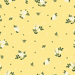 Simple vintage pattern. small white flowers , green leaves . Light yellow background. Fashionable print for textiles and wallpaper.