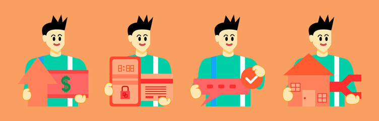 Set Business Concept illustrations. Collection of scenes with man taking part in business activities. Vector illustration